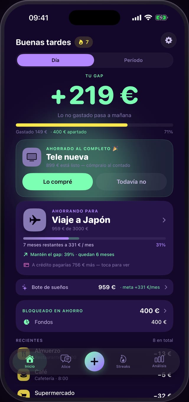 Pantalla de inicio de Power Gap con el margen de hoy, la meta y las metas de ahorro