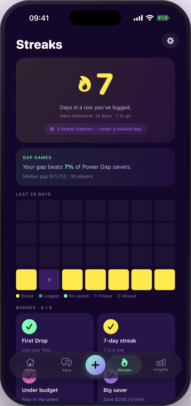 Power Gap streaks screen with a logging streak and badges