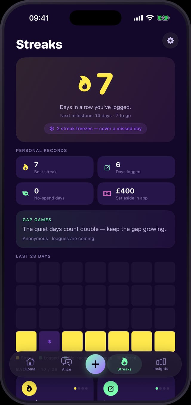 Power Gap streaks screen with a logging streak, calendar and badges