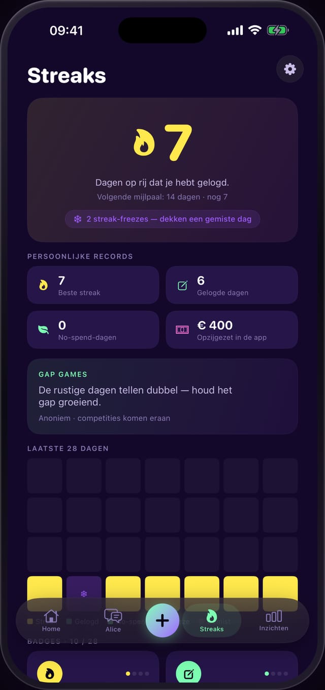 Power Gap-reeksenscherm met logreeks, kalender en badges