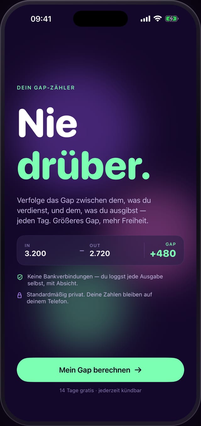 Power-Gap-Zähler: Einkommen minus Ausgaben ergibt deinen Spielraum — ohne Bankverbindung