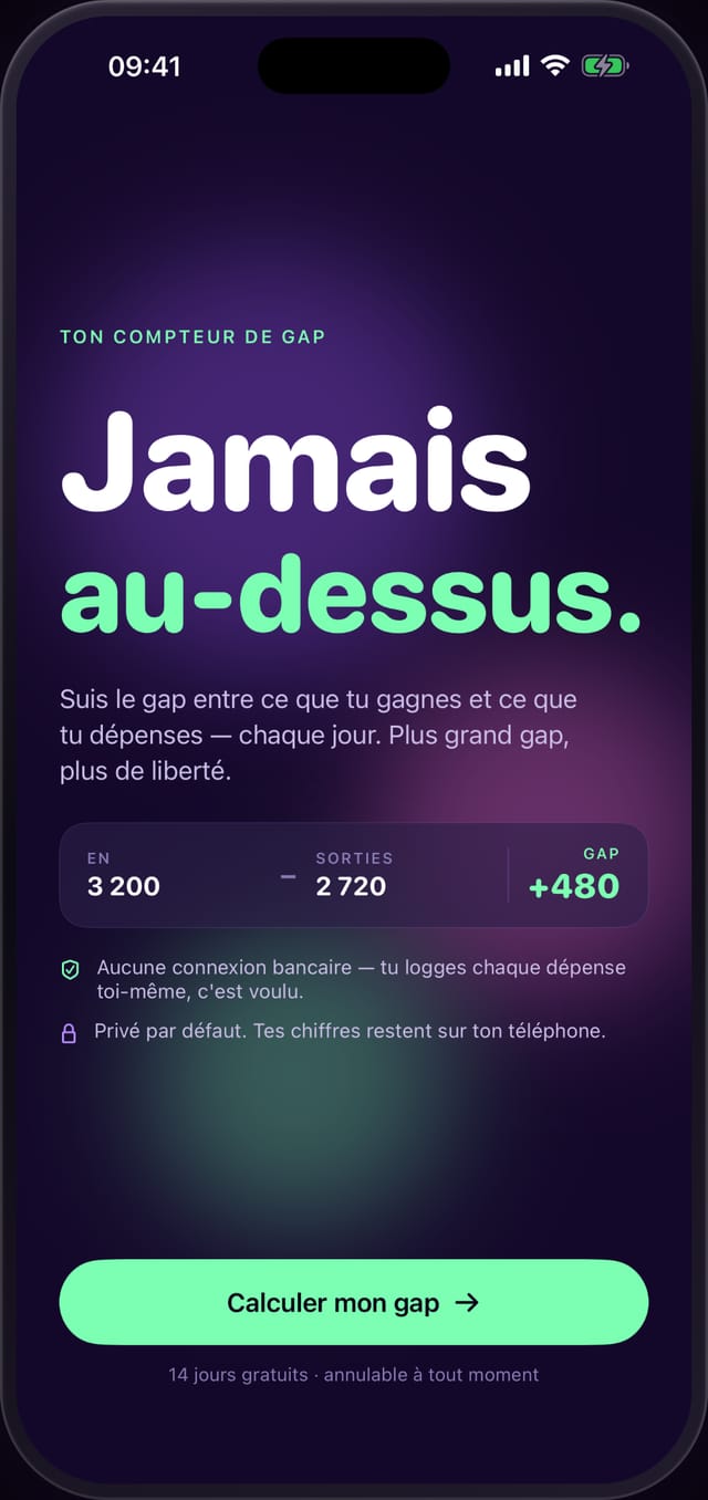 Compteur Power Gap : revenus moins dépenses égalent votre marge — sans connexion bancaire