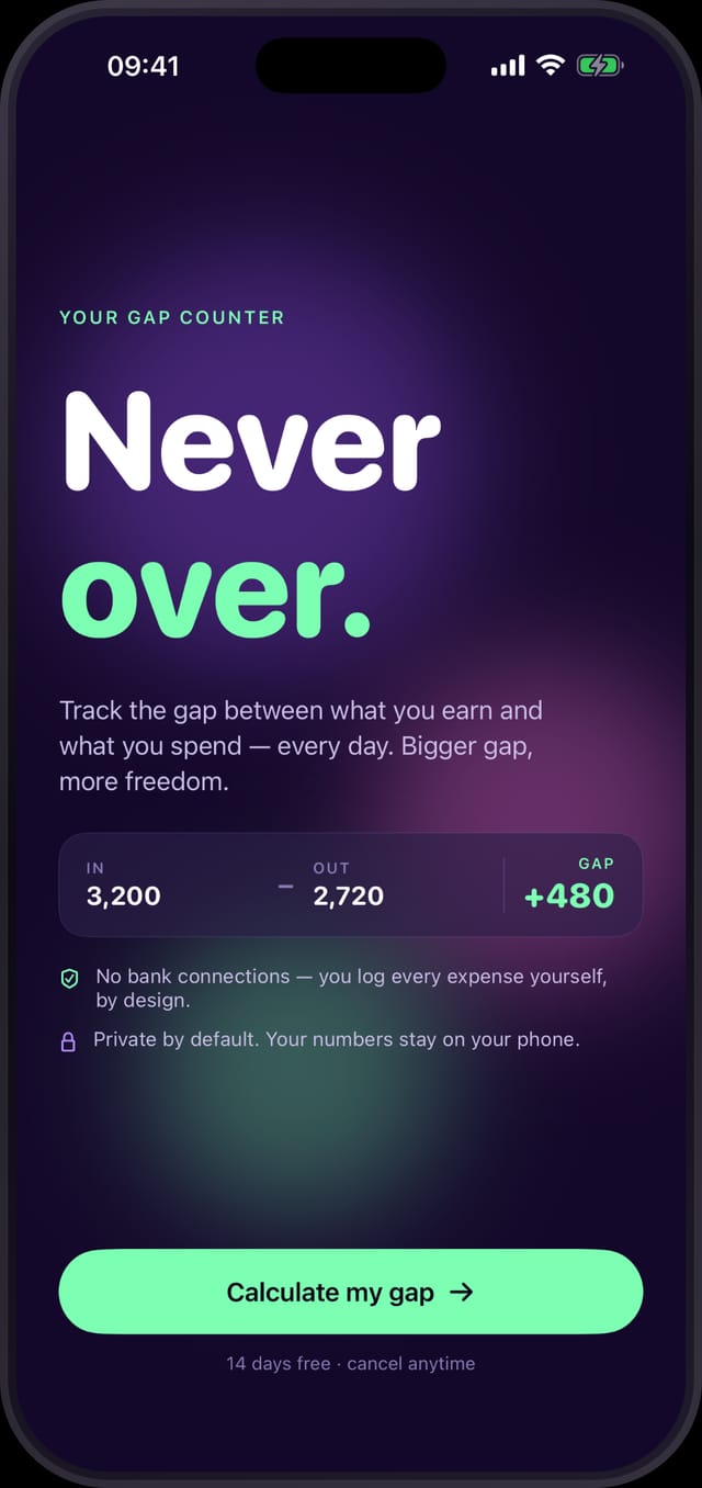 Power Gap gap counter: income minus spending equals your gap — no bank connections