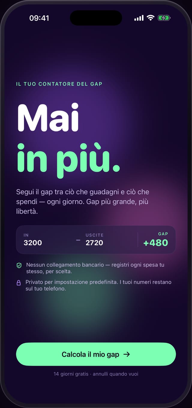 Contatore Power Gap: entrate meno spese è il tuo margine — senza collegare la banca