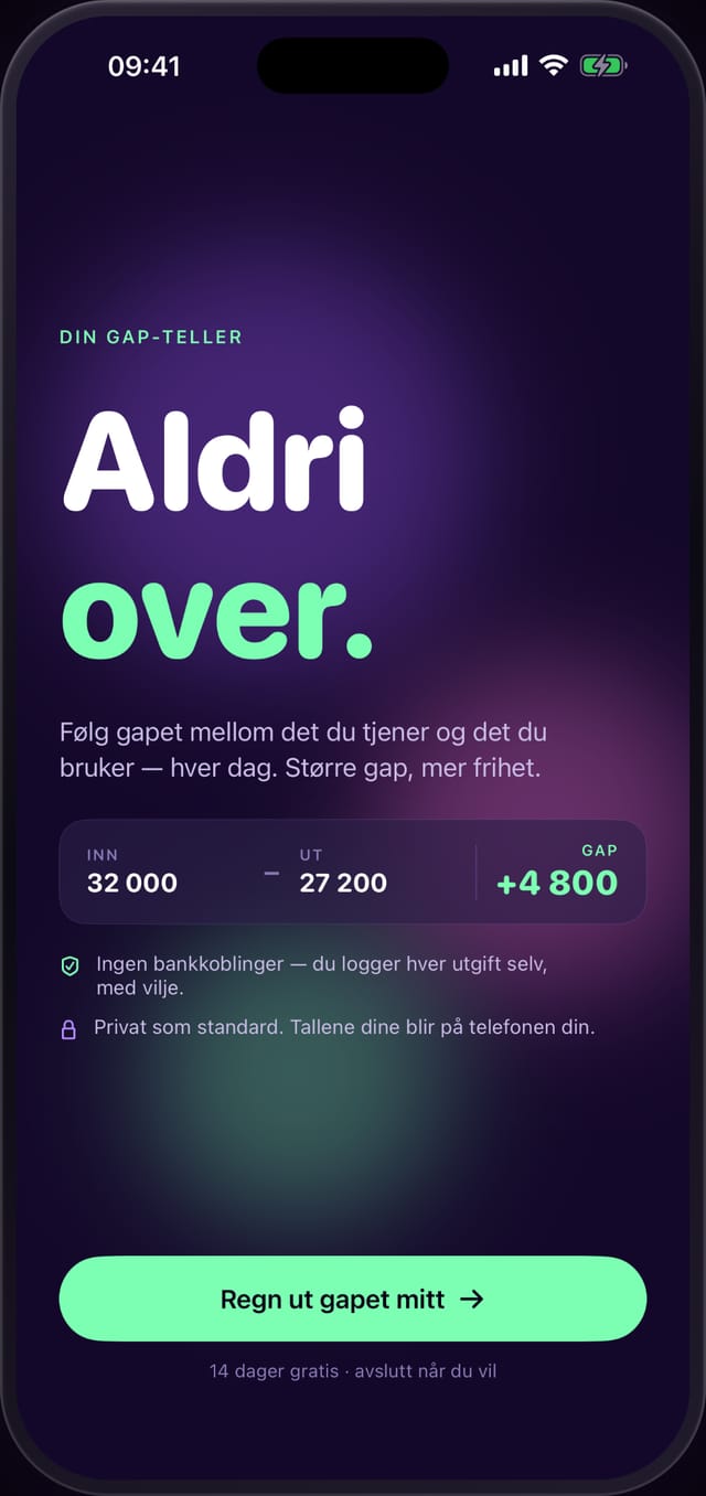 Power Gaps gap-teller: inntekt minus forbruk er gapet ditt — ingen bankkobling