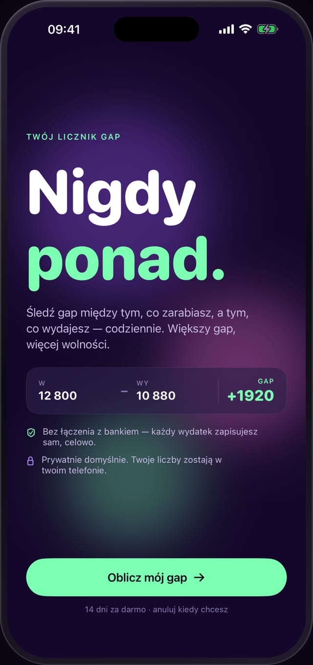 Licznik Power Gap: dochody minus wydatki to Twój margines — bez łączenia z bankiem