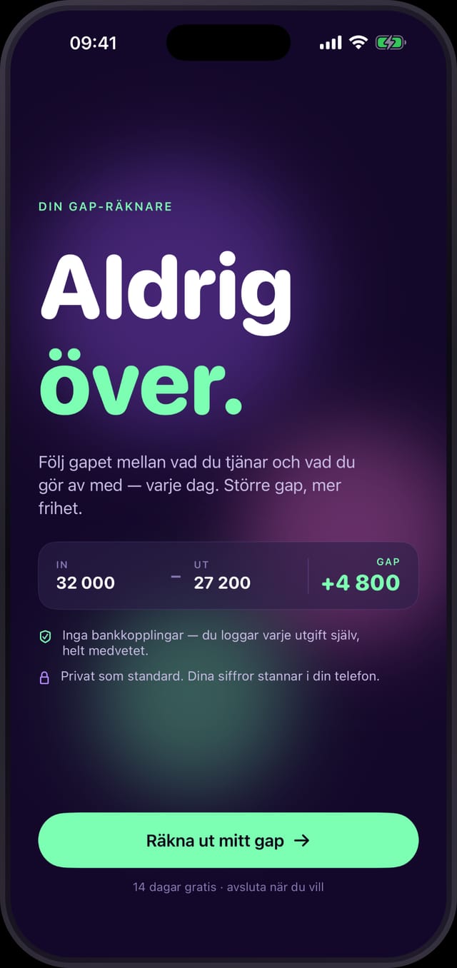 Power Gaps gap-räknare: inkomst minus utgifter är ditt gap — ingen bankkoppling